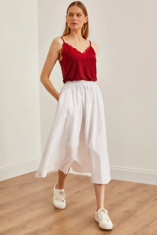 Women's White Pocketed Elastic Waist Midi Woven Flared Skirt - 5