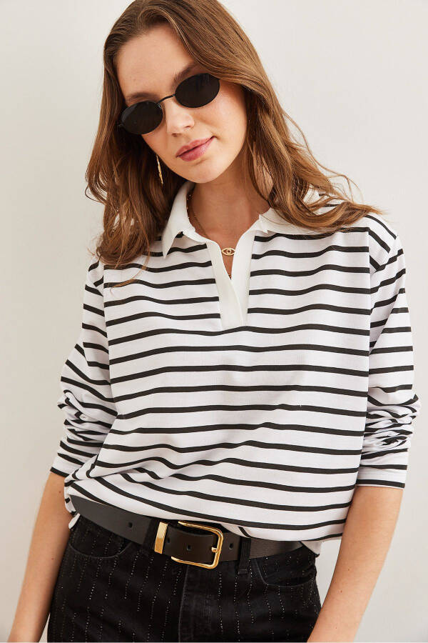 Women's White Polo Collar Striped Sweatshirt SWT-19000629 - 4