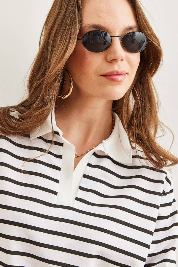 Women's White Polo Collar Striped Sweatshirt SWT-19000629 - 5