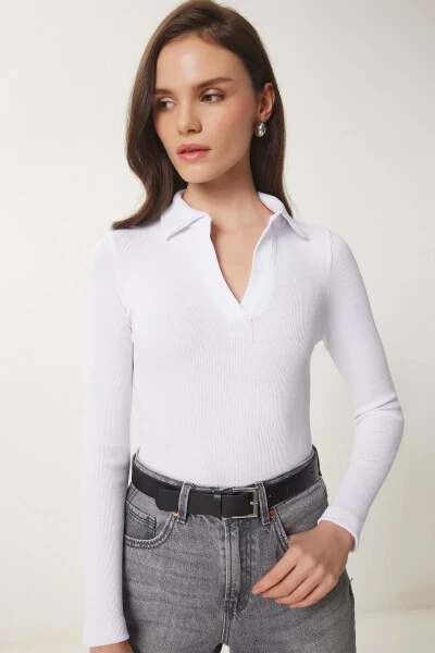 Women's White Polo Neck Ribbed Knit Blouse GT00111 - HAPPINESS İSTANBUL