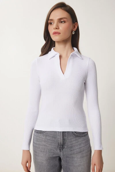 Women's White Polo Neck Ribbed Knit Blouse GT00111 - 4