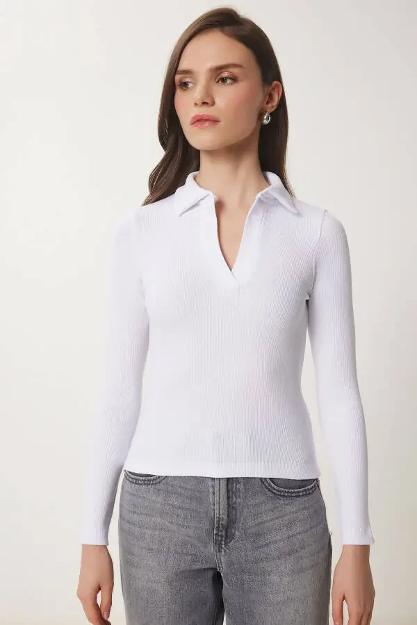 Women's White Polo Neck Ribbed Knit Blouse GT00111 - 4