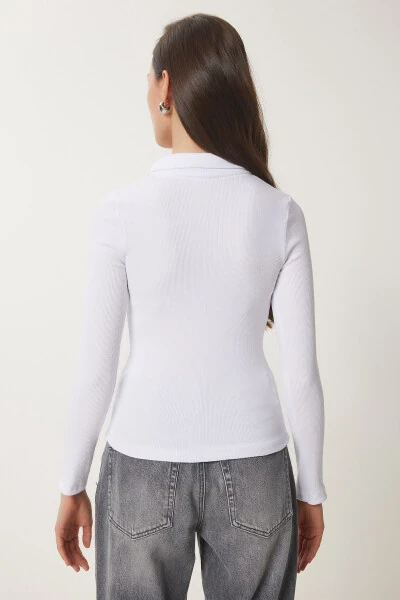 Women's White Polo Neck Ribbed Knit Blouse GT00111 - 6