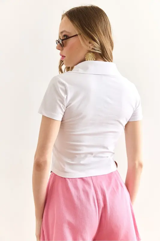 Women's White Polo Neck Teddy Bear Embroidered Crop T-shirt T - 2