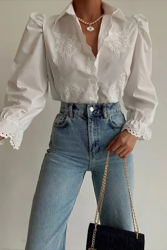 Women's White Princess Sleeve Guipure Embroidered Woven Blouse ALC-X7829 - 2