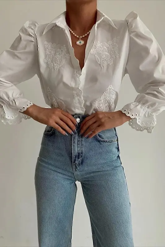 Women's White Princess Sleeve Guipure Embroidered Woven Blouse ALC-X7829 - 3