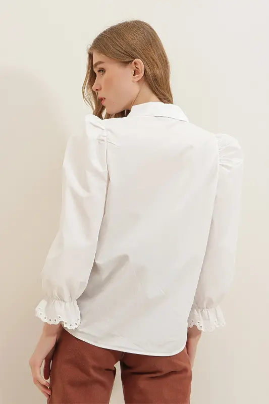 Women's White Princess Sleeve Guipure Embroidered Woven Blouse ALC-X7829 - 4