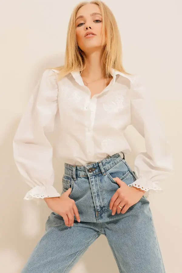 Women's White Princess Sleeve Guipure Embroidered Woven Blouse ALC-X7829 - 3