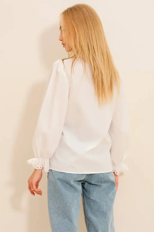 Women's White Princess Sleeve Guipure Embroidered Woven Blouse ALC-X7829 - 4