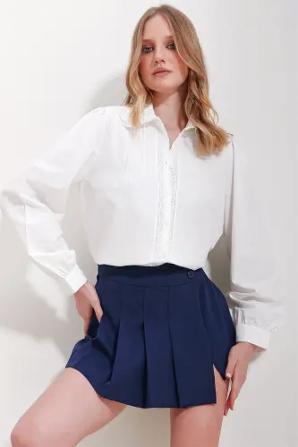 Women's White Princess Sleeve Robe Ribbed Fisto Collar Woven Shirt ALC-X11573 - TREND ALAÇATI STILI (1)