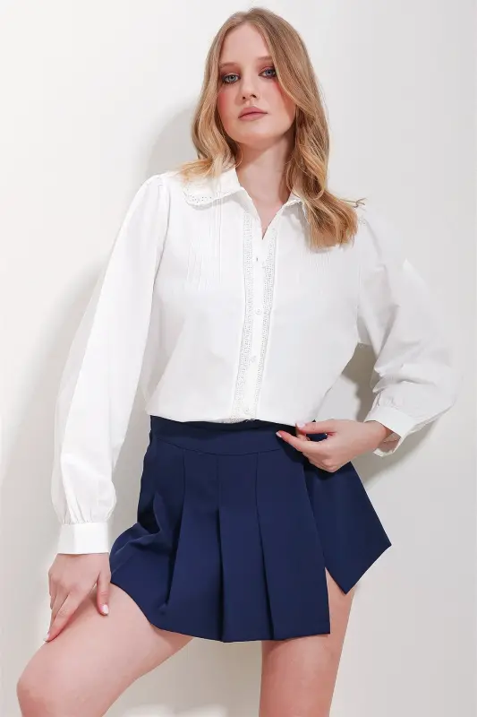 Women's White Princess Sleeve Robe Ribbed Fisto Collar Woven Shirt ALC-X11573 - 3