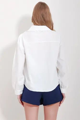 Women's White Princess Sleeve Robe Ribbed Fisto Collar Woven Shirt ALC-X11573 - 5
