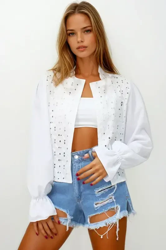 Women's White Princess Sleeve Ruffle Guipure Lace Blouse ALC-X11430 - 1