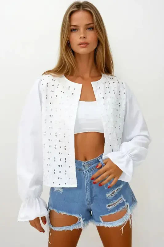 Women's White Princess Sleeve Ruffle Guipure Lace Blouse ALC-X11430 - 2