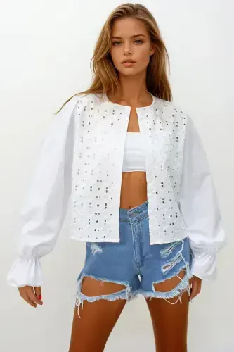 Women's White Princess Sleeve Ruffle Guipure Lace Blouse ALC-X11430 - 3