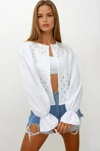 Women's White Princess Sleeve Ruffle Guipure Lace Blouse ALC-X11430 - 4