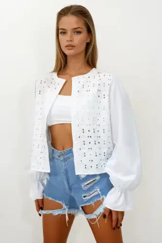 Women's White Princess Sleeve Ruffle Guipure Lace Blouse ALC-X11430 - 5