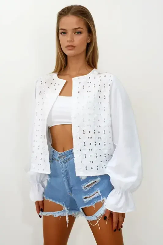 Women's White Princess Sleeve Ruffle Guipure Lace Blouse ALC-X11430 - 5