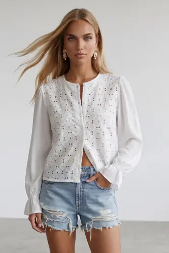 Women's White Princess Sleeve Ruffle Guipure Lace Blouse ALC-X11430 - TREND ALAÇATI STILI (1)