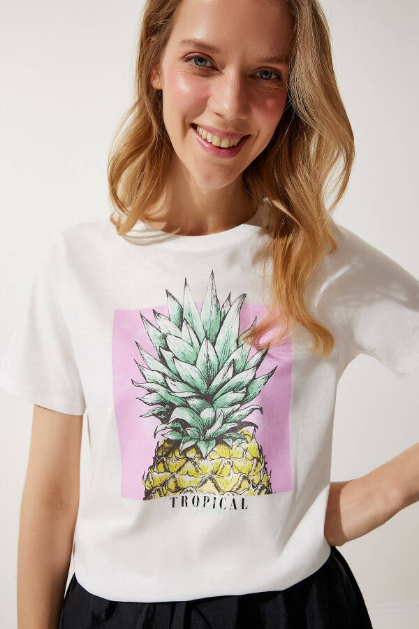 Women's White Printed 100% Cotton Knit T-Shirt WO00037 - 1