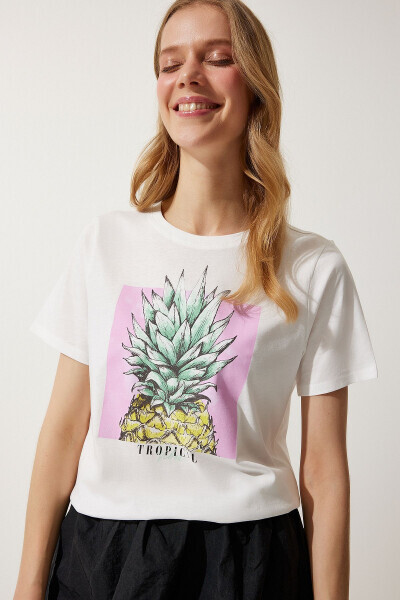 Women's White Printed 100% Cotton Knit T-Shirt WO00037 - HAPPINESS İSTANBUL (1)