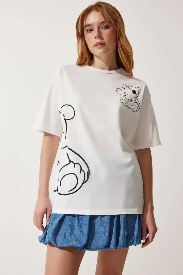 Women's White Printed Oversized Knit T-Shirt HF00457 - 2
