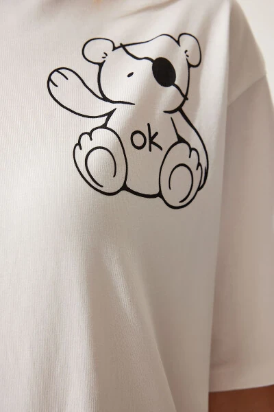 Women's White Printed Oversized Knit T-Shirt HF00457 - 6