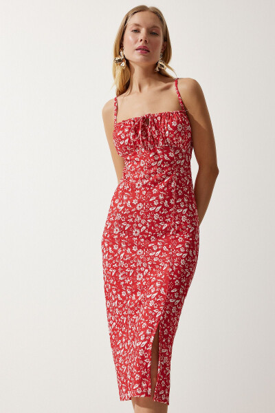 Women's White Red Floral Slit Summer Knit Dress CI00029 - 3