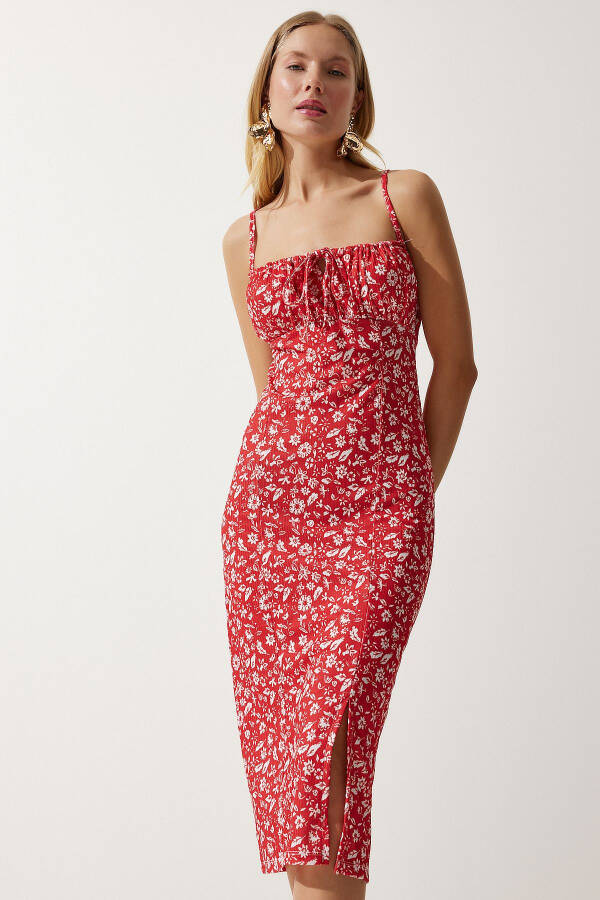 Women's White Red Floral Slit Summer Knit Dress CI00029 - 3