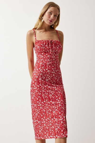 Women's White Red Floral Slit Summer Knit Dress CI00029 - 4