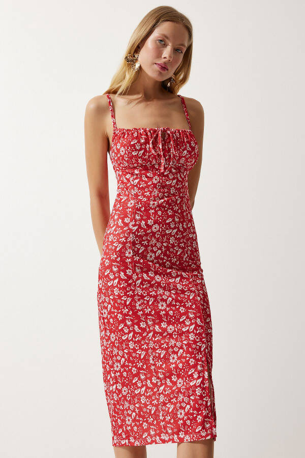 Women's White Red Floral Slit Summer Knit Dress CI00029 - 4