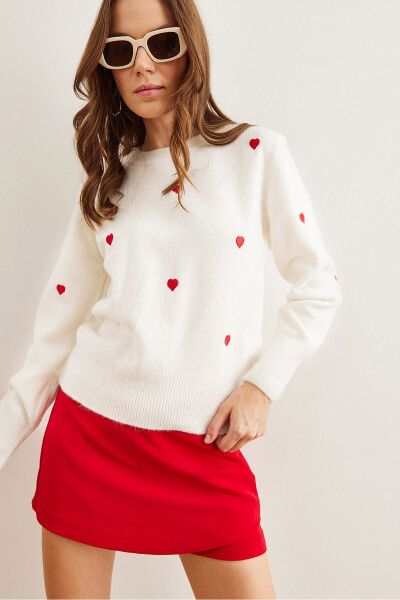Women's White-Red Heart Embroidered Soft-Textured Knitted Sweater WSW-19000843 - 5