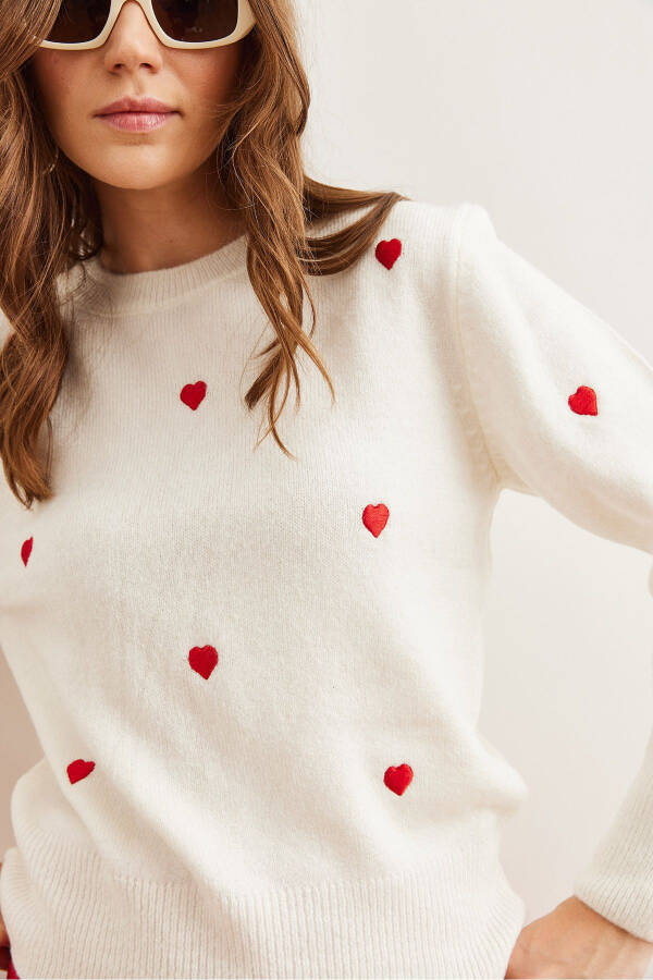 Women's White-Red Heart Embroidered Soft-Textured Knitted Sweater WSW-19000843 - 6
