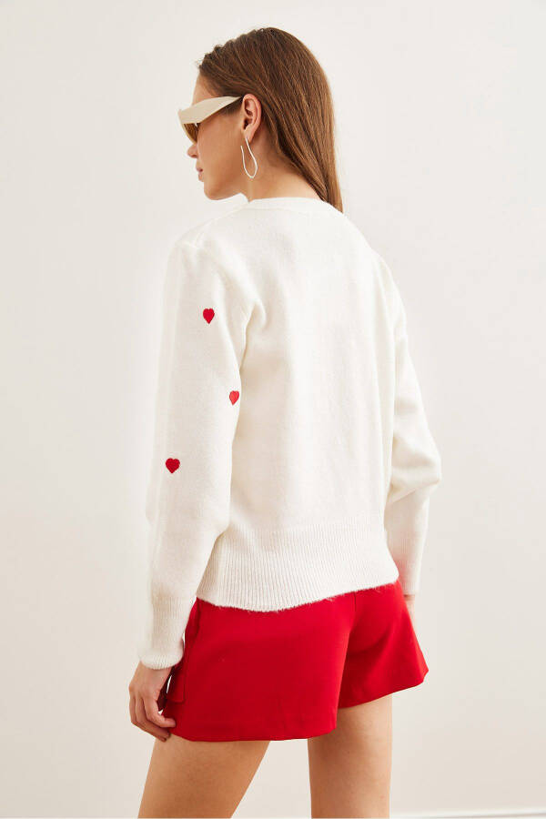 Women's White-Red Heart Embroidered Soft-Textured Knitted Sweater WSW-19000843 - 7