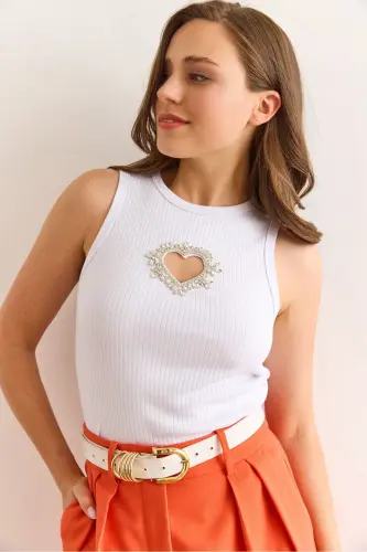 Women's White Ribbed Stone Heart Detailed Lycra Crop 
