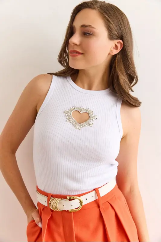 Women's White Ribbed Stone Heart Detailed Lycra Crop - 1