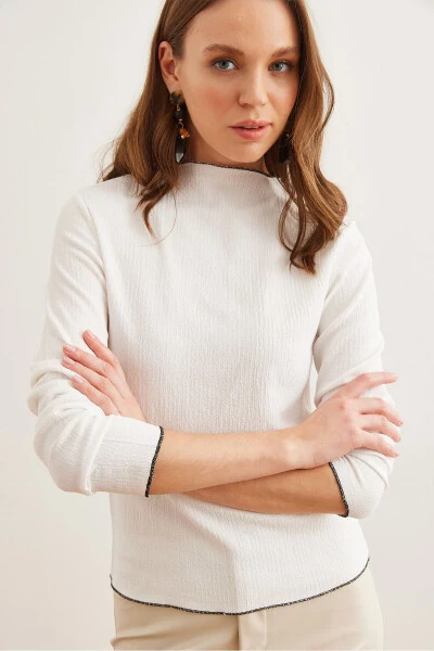 Women's White Round Neck Puff Sleeve Overlock Detailed Knitted Blouse - OLALOOK