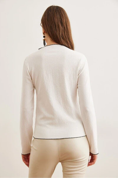 Women's White Round Neck Puff Sleeve Overlock Detailed Knitted Blouse - OLALOOK (1)