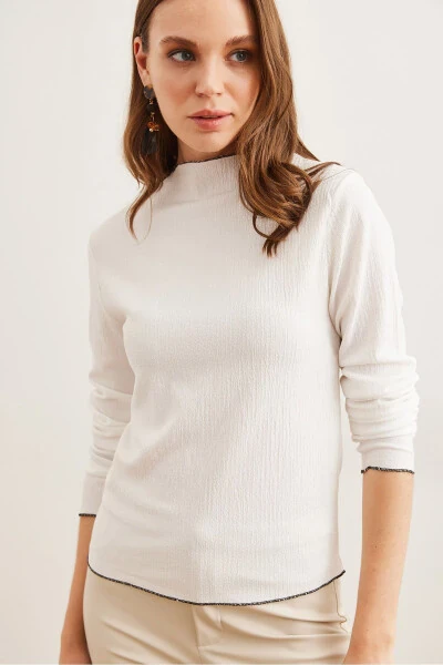 Women's White Round Neck Puff Sleeve Overlock Detailed Knitted Blouse - 3