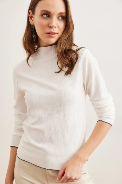 Women's White Round Neck Puff Sleeve Overlock Detailed Knitted Blouse - 6