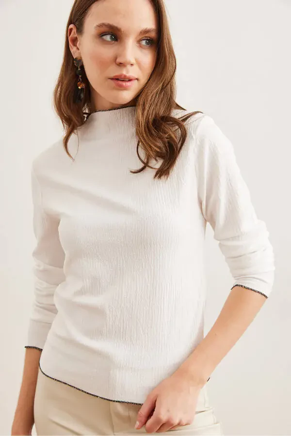 Women's White Round Neck Puff Sleeve Overlock Detailed Knitted Blouse - 6