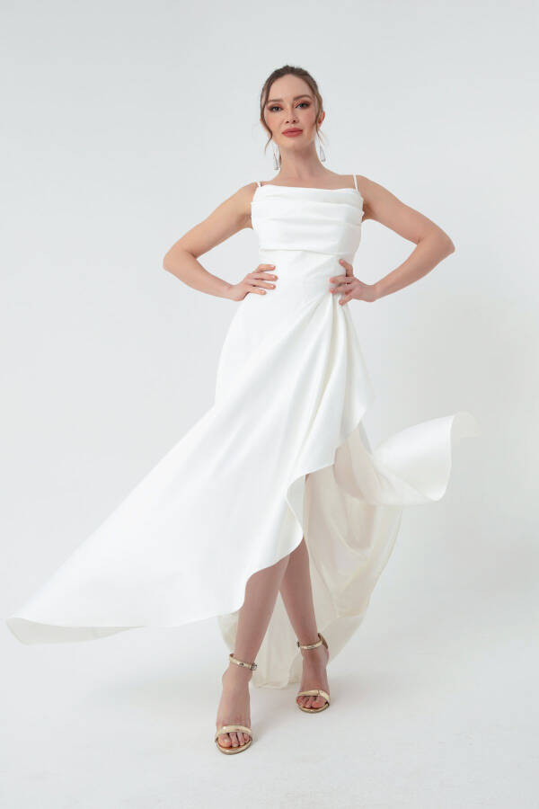 Women's White Ruffle Slit Satin Evening & Prom Dress - 1