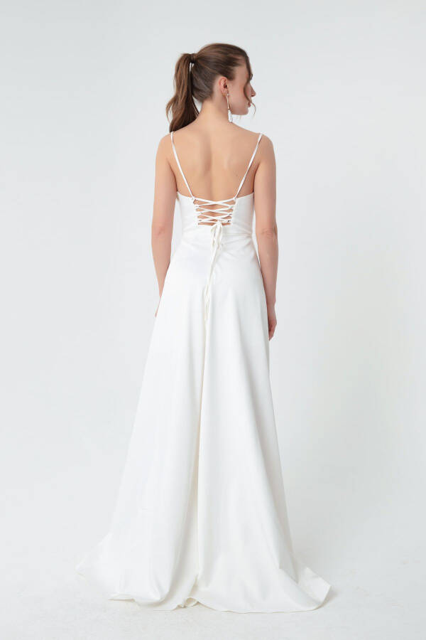 Women's White Ruffle Slit Satin Evening & Prom Dress - 5