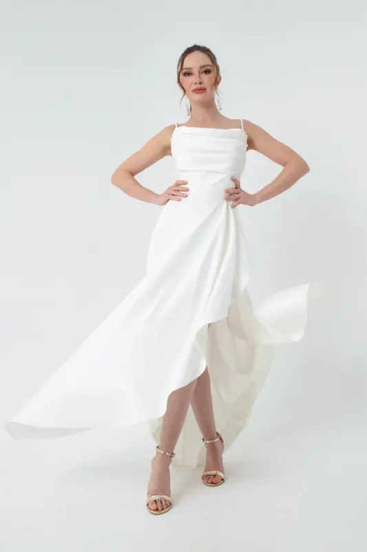 Women's White Ruffle Slit Satin Evening & Prom Dress - 1