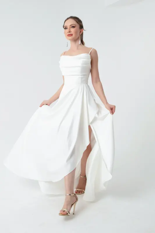 Women's White Ruffle Slit Satin Evening & Prom Dress - 2