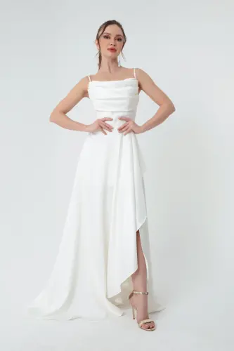 Women's White Ruffle Slit Satin Evening & Prom Dress - 3