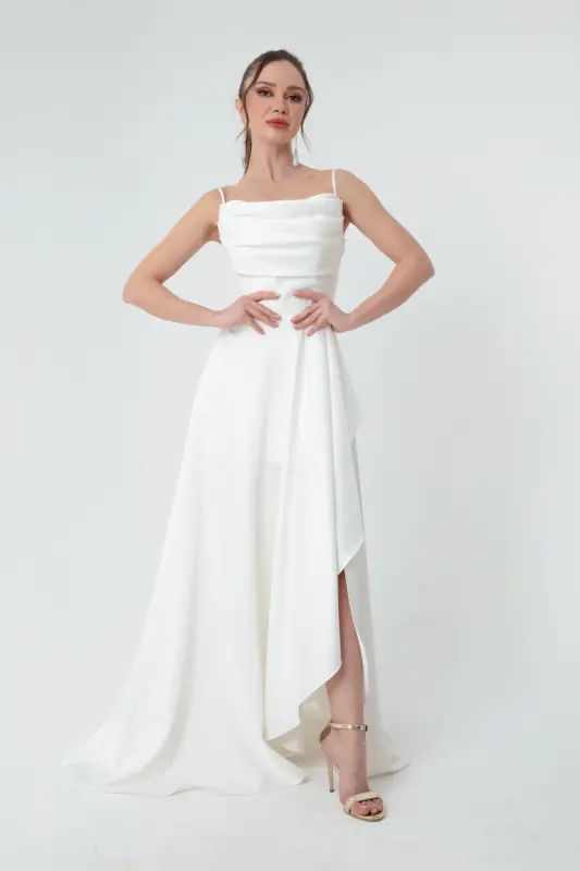 Women's White Ruffle Slit Satin Evening & Prom Dress - 3