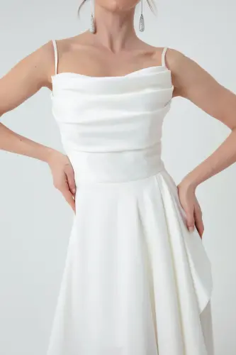 Women's White Ruffle Slit Satin Evening & Prom Dress - 4