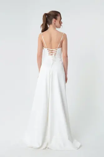 Women's White Ruffle Slit Satin Evening & Prom Dress - 5