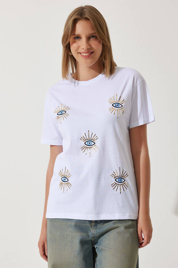Women's White Scalloped Embroidered Oversized Cotton Knit T-Shirt MP00027 - 2